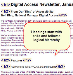 14. headings Screenshot showing that headings follow a logical hierarchy, are preceded by an opening heading tag and followed by a closing heading tag. For example <h2>Features</h2>